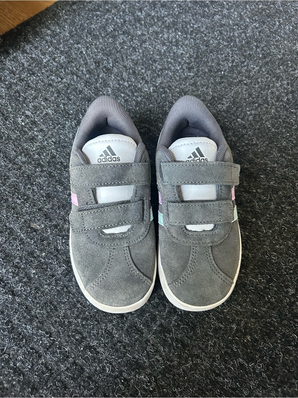adidas Kids Gray Suede Sneakers with Pink and Mint Accents